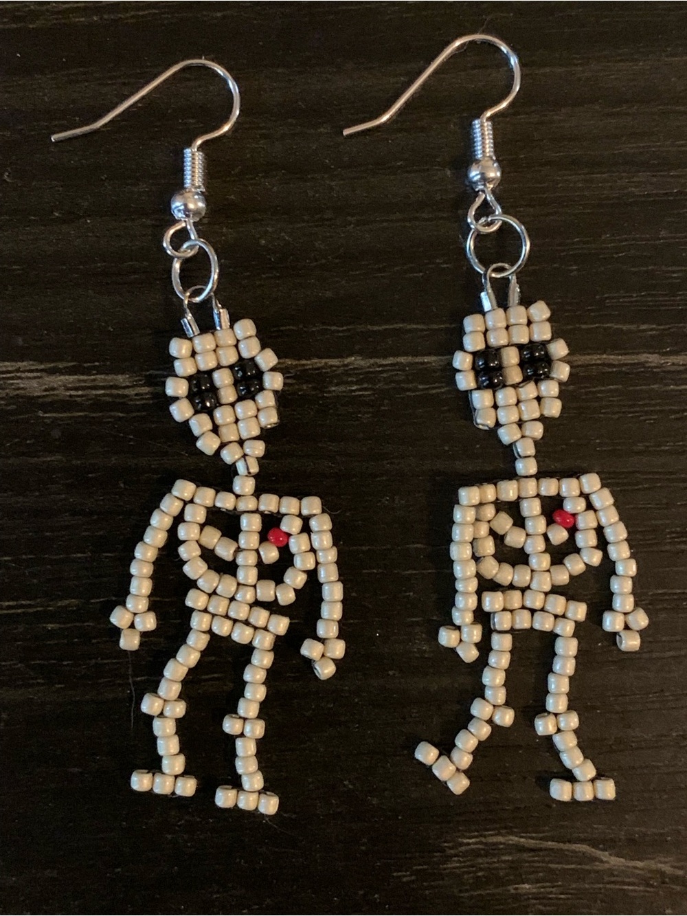 Handmade Seed Bead Skeleton Earrings W/ Heart
